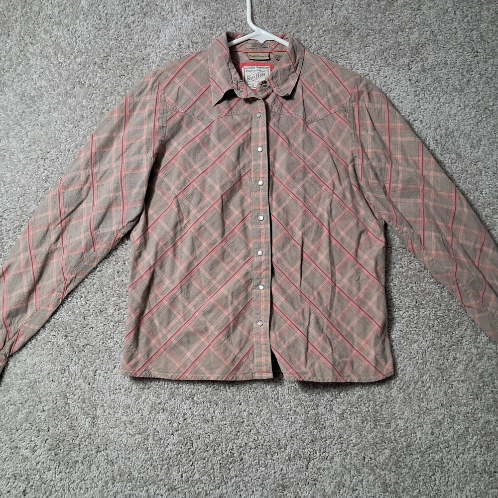 Ruff Hewn Womens Medium Pearl Snaps Red and Tan Plaid Shirt